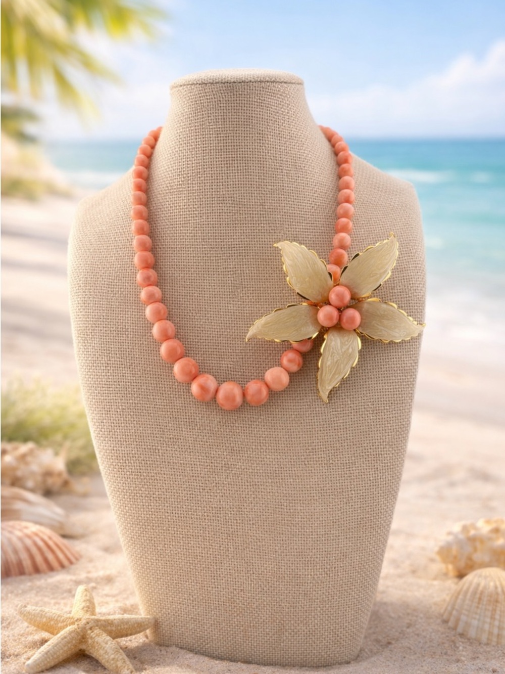 Angel Skin Coral Graduated Necklace with detachable Enamel Floral Brooch 🌸